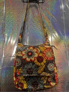 Vera Bradley Floral Messenger Bag Brown Yellow Orange Crossbody Travel Bag